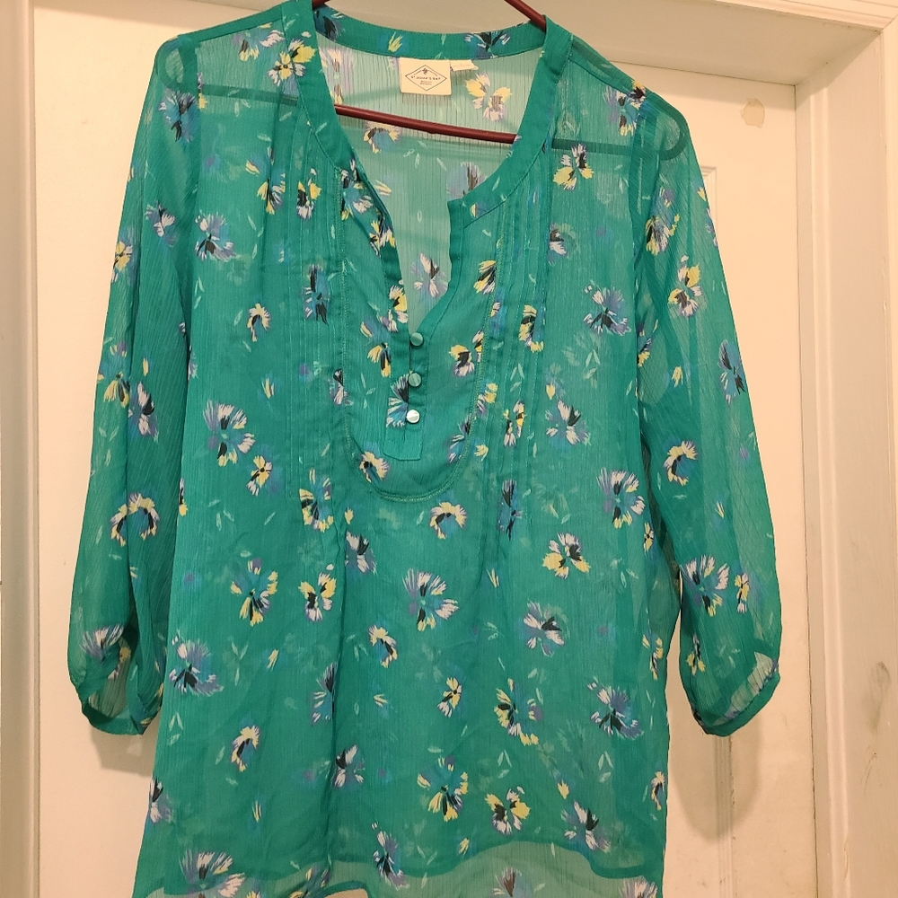 Green floral sheer blouse